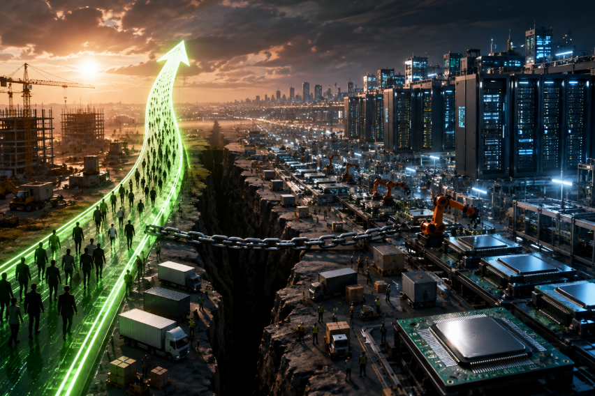 Futuristic data centre and semiconductor manufacturing facility representing rising AI demand and constrained supply.