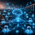Autonomous AI agents connected to a central neural network and futuristic data-centre servers.