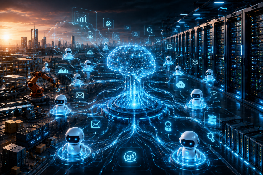 Autonomous AI agents connected to a central neural network and futuristic data-centre servers.