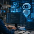 Software developer using AI coding agents to build applications with code displayed on multiple screens