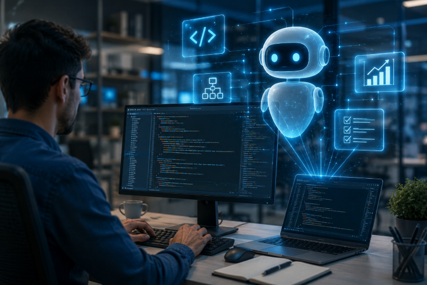 Software developer using AI coding agents to build applications with code displayed on multiple screens
