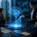 Business executives discussing AI strategy around a holographic artificial intelligence network and rising performance charts in a corporate meeting room