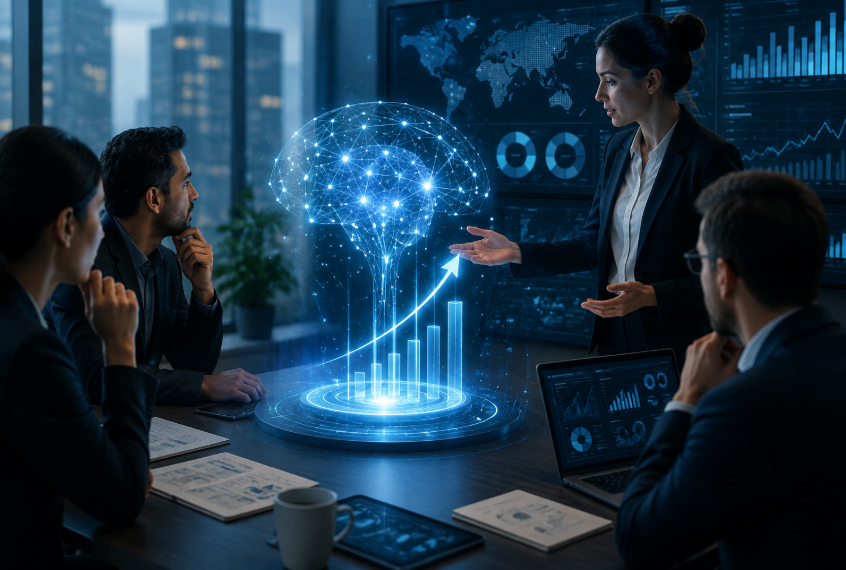 Business executives discussing AI strategy around a holographic artificial intelligence network and rising performance charts in a corporate meeting room
