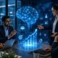 A group of business professionals collaborate in a modern corporate meeting room surrounded by holographic AI visuals, customer analytics, sales dashboards and rising business charts. The scene represents how companies are using artificial intelligence to identify customers, improve marketing and sales strategies, and create new products and services.