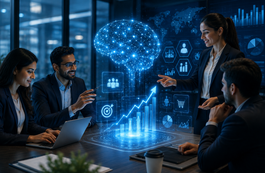 A group of business professionals collaborate in a modern corporate meeting room surrounded by holographic AI visuals, customer analytics, sales dashboards and rising business charts. The scene represents how companies are using artificial intelligence to identify customers, improve marketing and sales strategies, and create new products and services.