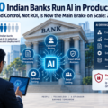 Infographic showing 70% of Indian banks using AI in selective or scaled production, with security and control identified as the main barriers to scaling AI.