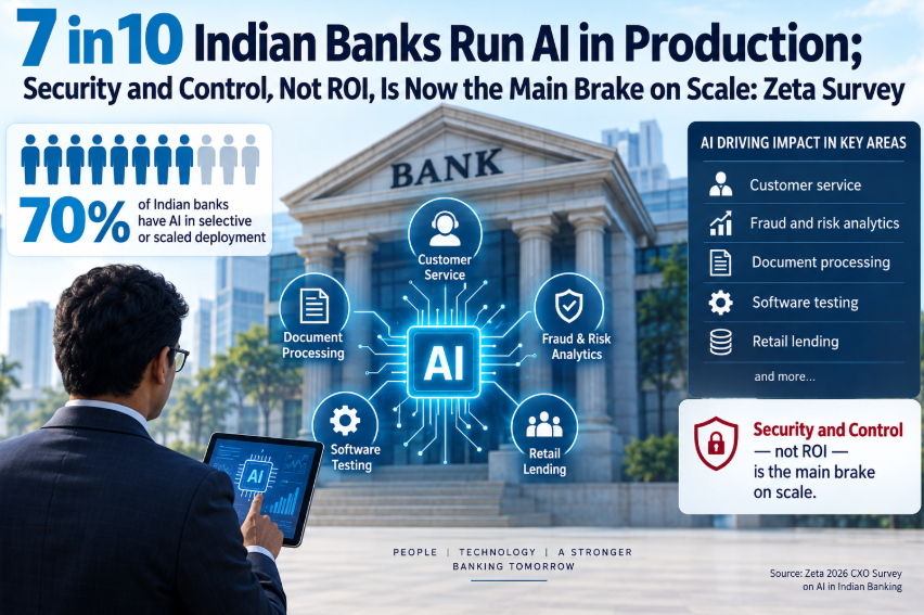 Infographic showing 70% of Indian banks using AI in selective or scaled production, with security and control identified as the main barriers to scaling AI.