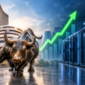 Bull market rally with stock exchange building, rising chart and data centre servers