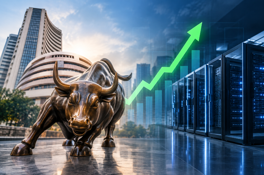 Bull market rally with stock exchange building, rising chart and data centre servers