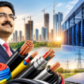 Kumar Mangalam Birla alongside wires and cables, a modern data centre, power infrastructure and urban development