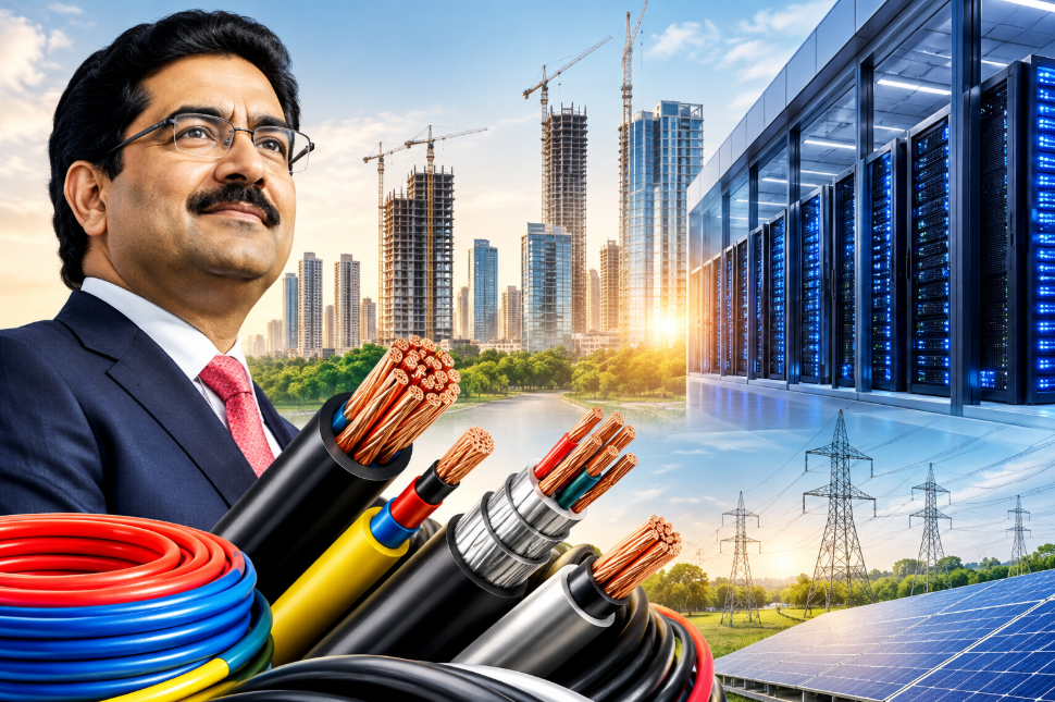 Kumar Mangalam Birla alongside wires and cables, a modern data centre, power infrastructure and urban development