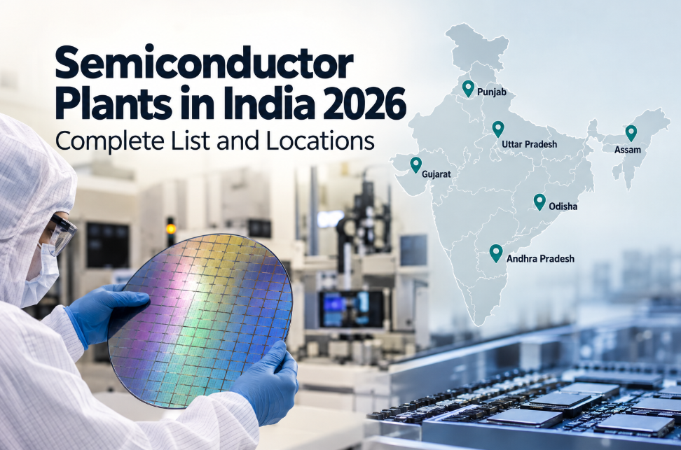 Semiconductor plants in India 2026 with semiconductor wafer and map showing key plant locations