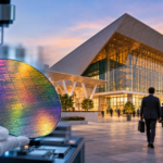 Semiconductor wafer and technology professionals arriving at a modern convention center for a semiconductor industry event