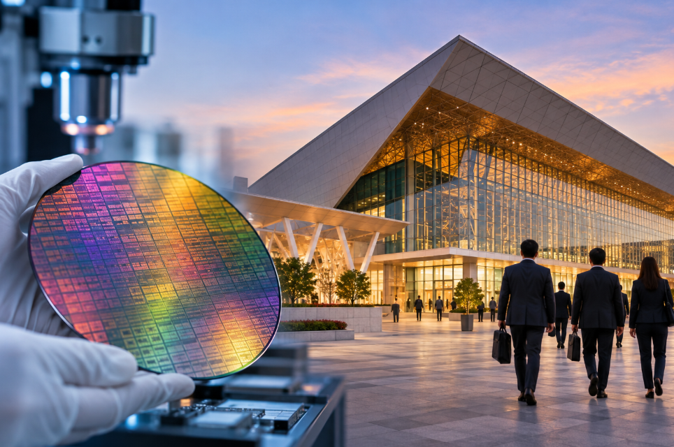 Semiconductor wafer and technology professionals arriving at a modern convention center for a semiconductor industry event