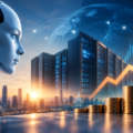 AI investment cycle with robot, data centres, global network and rising financial market chart