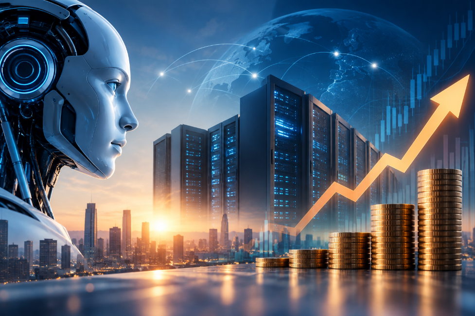 AI investment cycle with robot, data centres, global network and rising financial market chart