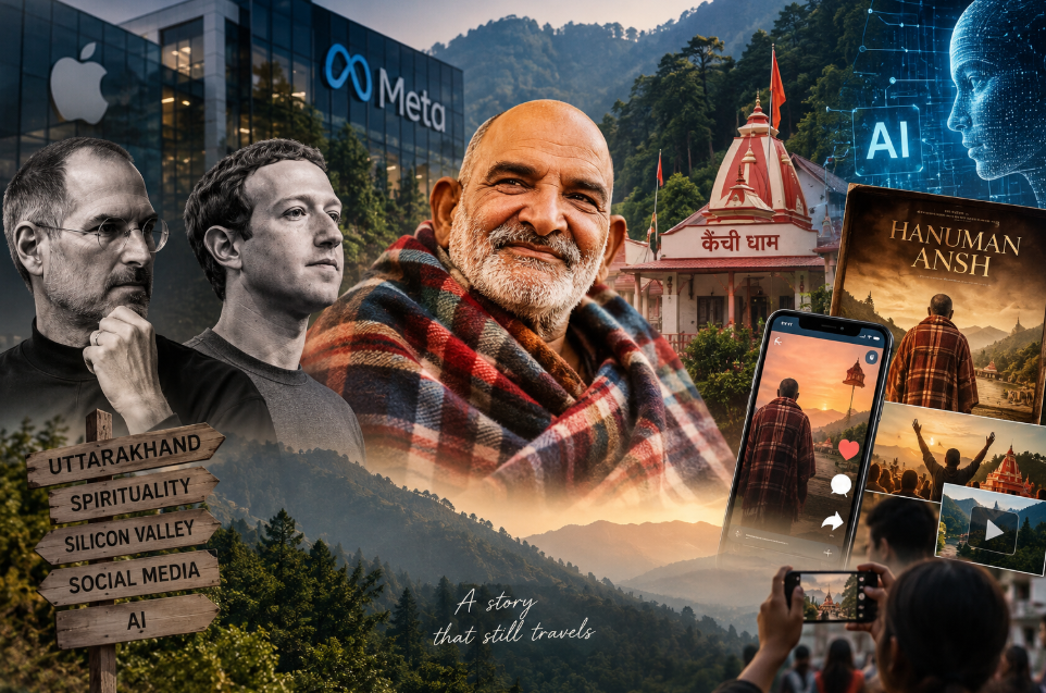 Neem Karoli Baba, Kainchi Dham, Hanuman Ansh and AI representing the digital spread of a spiritual legacy