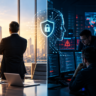 AI cybersecurity concept showing executive confidence contrasted with a security operations centre monitoring digital threats