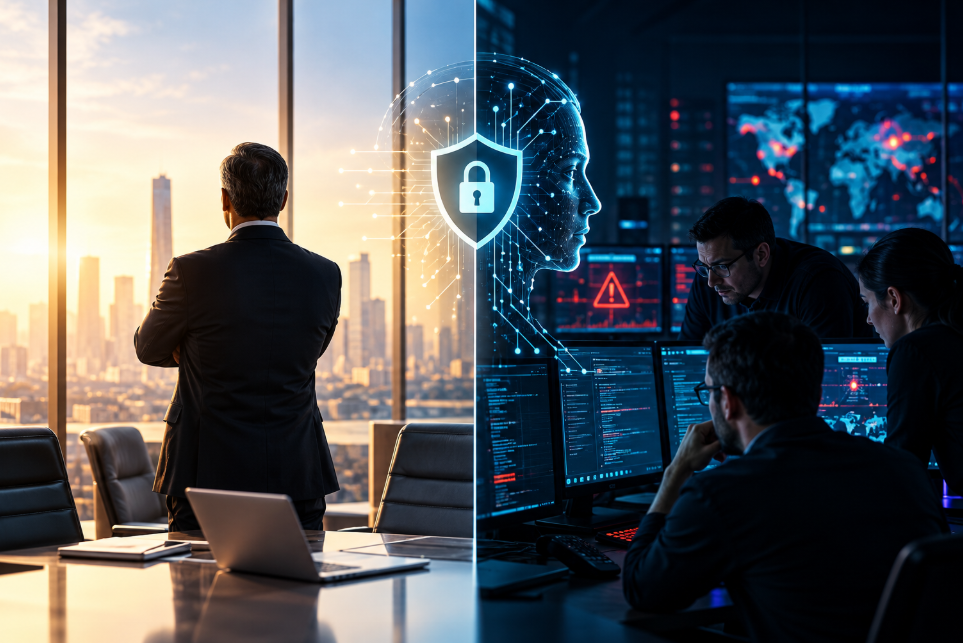 AI cybersecurity concept showing executive confidence contrasted with a security operations centre monitoring digital threats