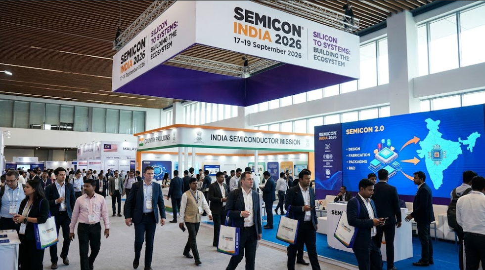 Attendees walking through the bustling exhibition hall at SEMICON India 2026, surrounded by pavilions for the India Semiconductor Mission and digital displays showcasing Semicon 2.0 initiatives.