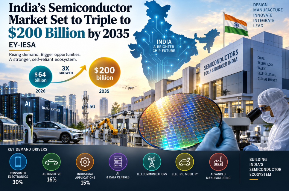 India’s semiconductor market projected to grow from $64 billion in 2026 to $200 billion by 2035, driven by AI, data centres, EVs and advanced manufacturing