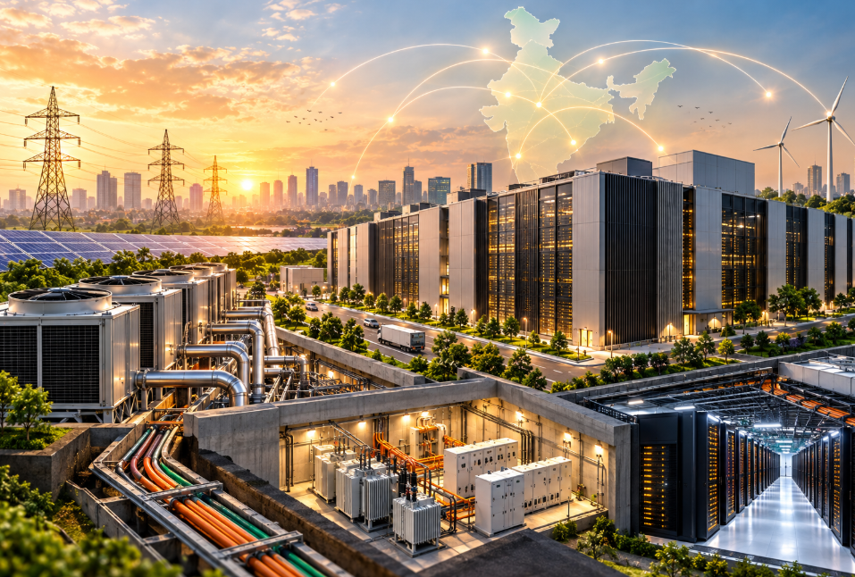 Futuristic Indian data centre campus showing server halls, cooling systems, power infrastructure, solar panels and network connectivity