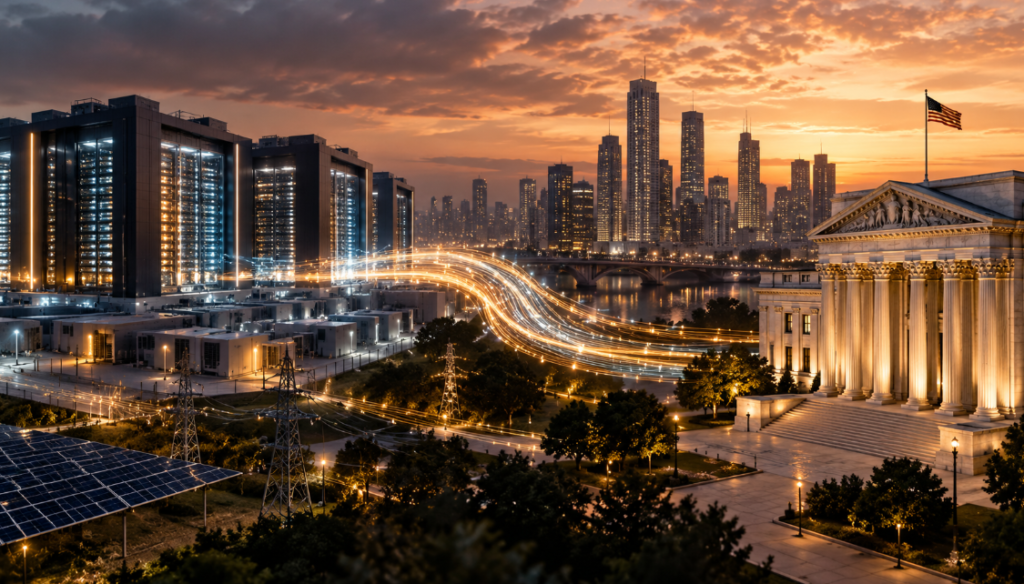 Futuristic AI data centres connected to a financial district and government building, representing AI's impact on interest rates and bond markets.