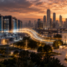 Futuristic AI data centres connected to a financial district and government building, representing AI's impact on interest rates and bond markets.