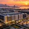 Aerial view of a large futuristic data centre campus with power infrastructure, cooling systems and a city skyline at sunset.