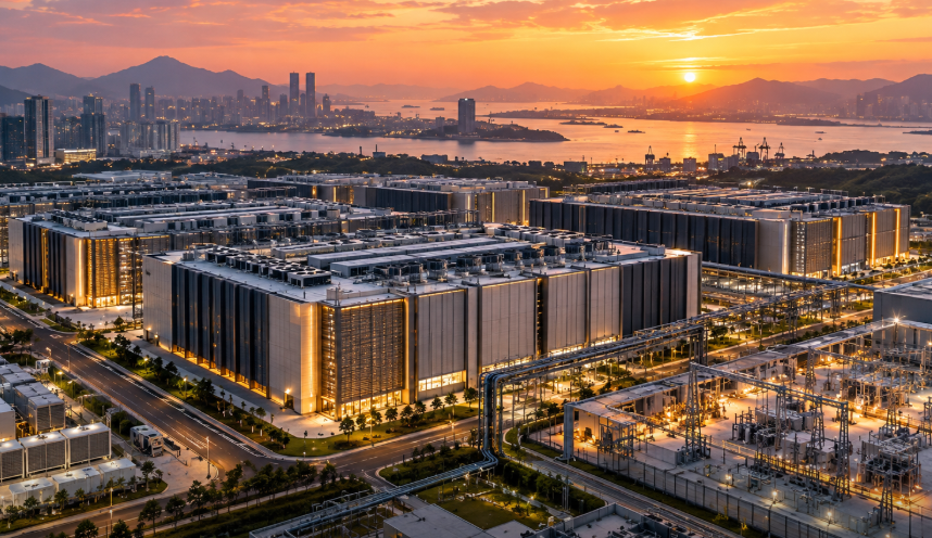 Aerial view of a large futuristic data centre campus with power infrastructure, cooling systems and a city skyline at sunset.