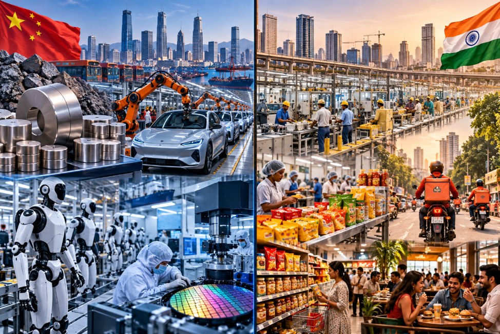 Split screen showing China’s industrial ecosystem with rare earth magnets, electric vehicles, robots and semiconductor manufacturing, alongside India’s factories, packaged foods, food delivery and consumer businesses.