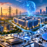 AI infrastructure ecosystem showing power plants, transmission lines, data centres and semiconductor manufacturing facilities.