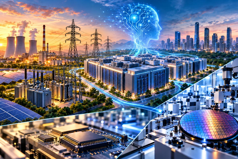 AI infrastructure ecosystem showing power plants, transmission lines, data centres and semiconductor manufacturing facilities.
