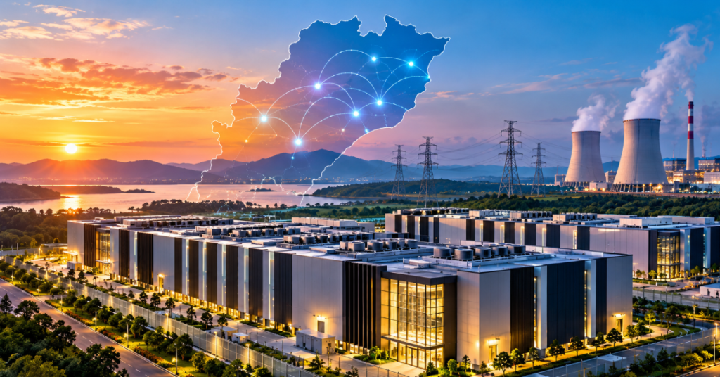 Futuristic data centre campus with power infrastructure, transmission lines and digital network connections representing Odisha's AI infrastructure push.