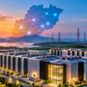 Futuristic data centre campus with power infrastructure, transmission lines and digital network connections representing Odisha's AI infrastructure push.