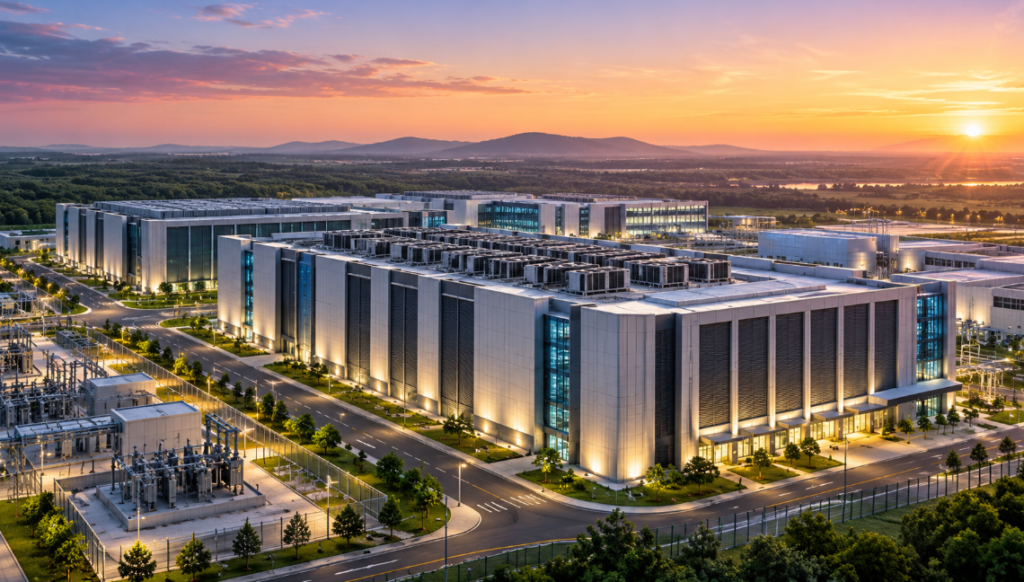 Futuristic data centre campus representing Adani’s proposed Rs 1,04,550 crore integrated data centre park in Khordha, Odisha