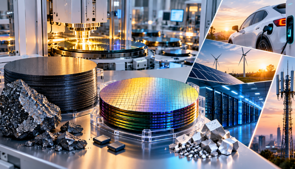 Advanced semiconductor manufacturing facility with SiC and GaN wafers, EV charging, renewable energy, data centres and telecom infrastructure
