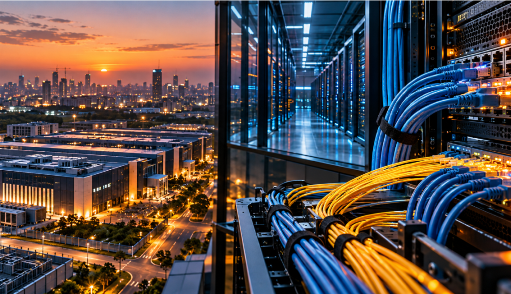 Modern data centre with high speed networking cables and optical fibre connections overlooking a large data centre campus at sunset