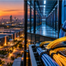 Modern data centre with high speed networking cables and optical fibre connections overlooking a large data centre campus at sunset