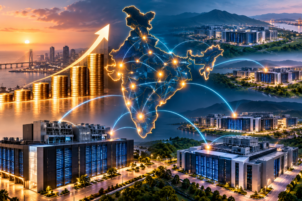 Illustration of India’s data centre investment boom with digital infrastructure hubs connected across the country