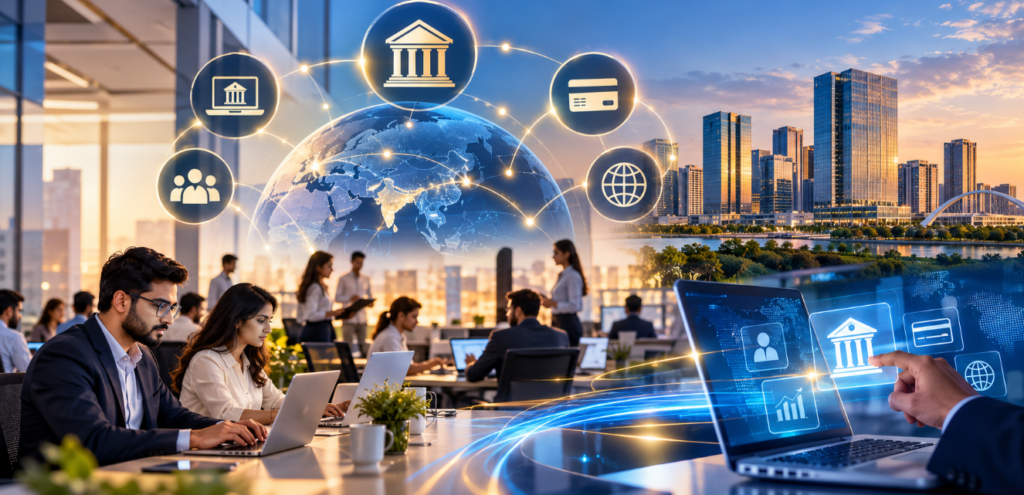 Modern GCC office with employees, digital banking interfaces, global connectivity and financial technology symbols representing banking services for India’s Global Capability Centres.