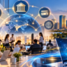 Modern GCC office with employees, digital banking interfaces, global connectivity and financial technology symbols representing banking services for India’s Global Capability Centres.