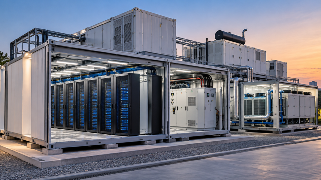 Modular data centre with prefabricated server, power and cooling units