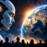 AI humanoid looking towards Earth, representing the potential risks and future impact of advanced artificial intelligence