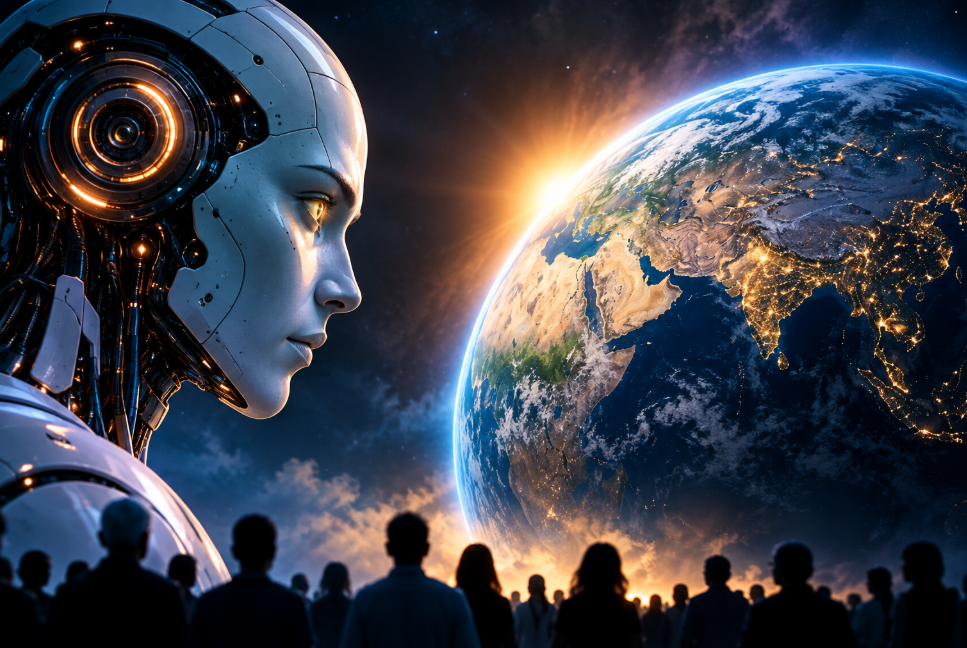 AI humanoid looking towards Earth, representing the potential risks and future impact of advanced artificial intelligence