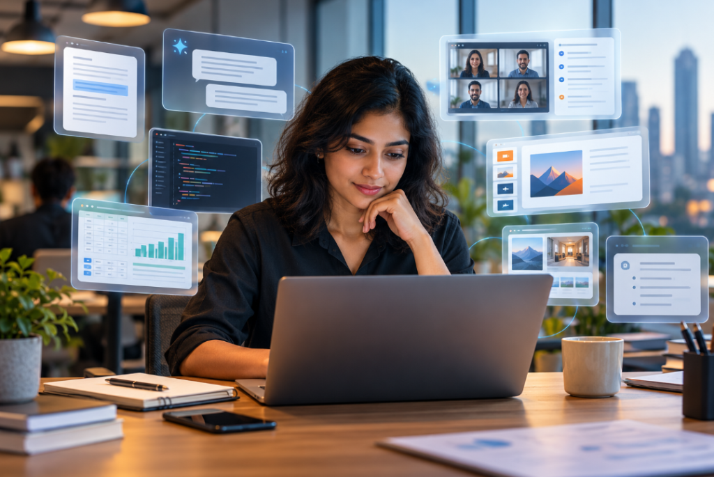 AI tools helping a professional with writing, coding, research, data analysis and presentations at work