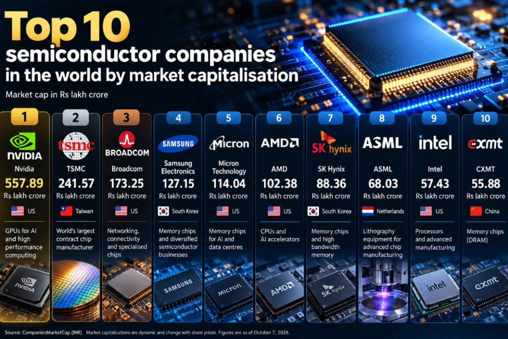 Top 10 semiconductor companies in the world ranked by market capitalisation, led by Nvidia, TSMC and Broadcom.