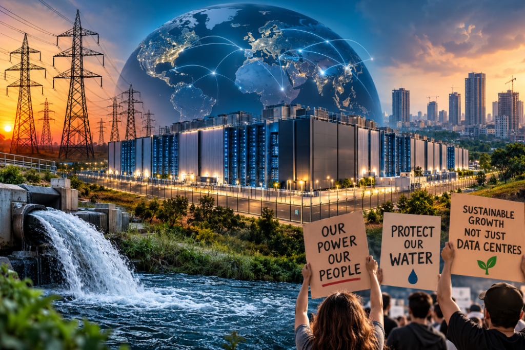 Large data centre with global digital connectivity, electricity transmission towers, flowing water and protesters raising concerns about power consumption, water use and sustainable growth.