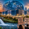 Large data centre with global digital connectivity, electricity transmission towers, flowing water and protesters raising concerns about power consumption, water use and sustainable growth.