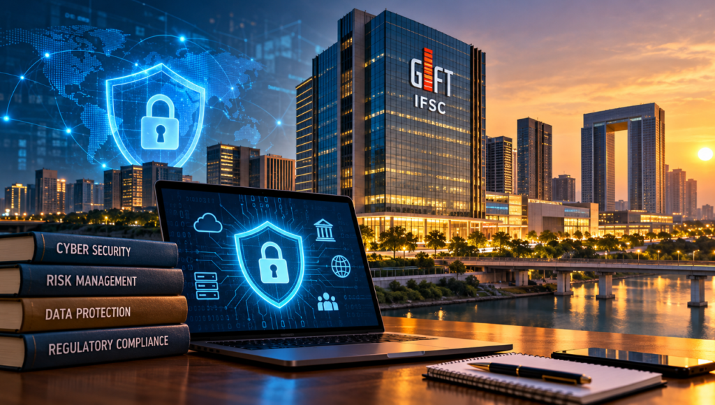 GIFT IFSC skyline with digital security shield illustrating NISM's cybersecurity certification course.